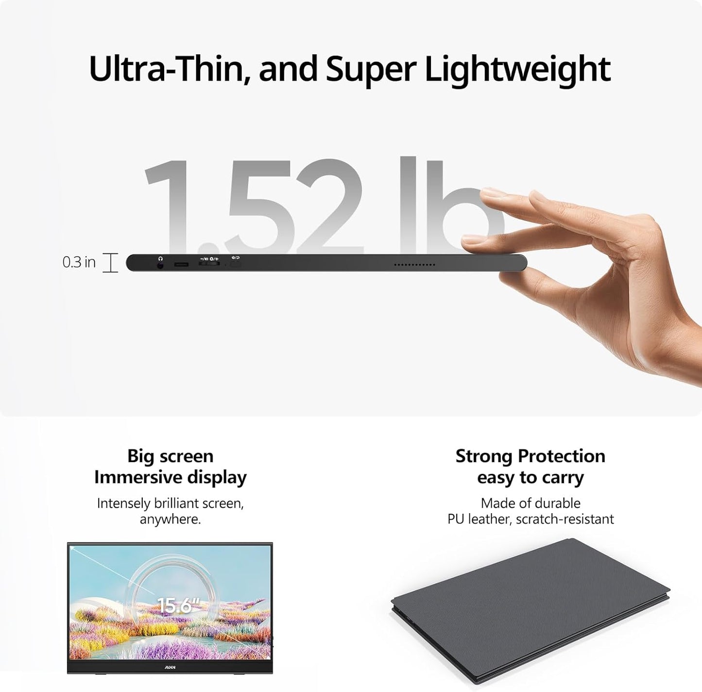 15.6" FHD 1080P Portable Monitor - Ultra-Slim IPS Display with Smart Cover & Speakers, Ideal for Gaming & On-the-Go Use, Plug & Play for Laptop, PC, Phone & Mac
