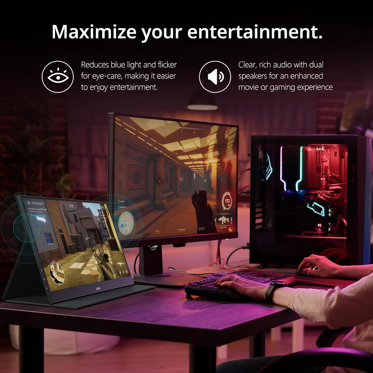 15.6" FHD 1080P Portable Monitor - Ultra-Slim IPS Display with Smart Cover & Speakers, Ideal for Gaming & On-the-Go Use, Plug & Play for Laptop, PC, Phone & Mac