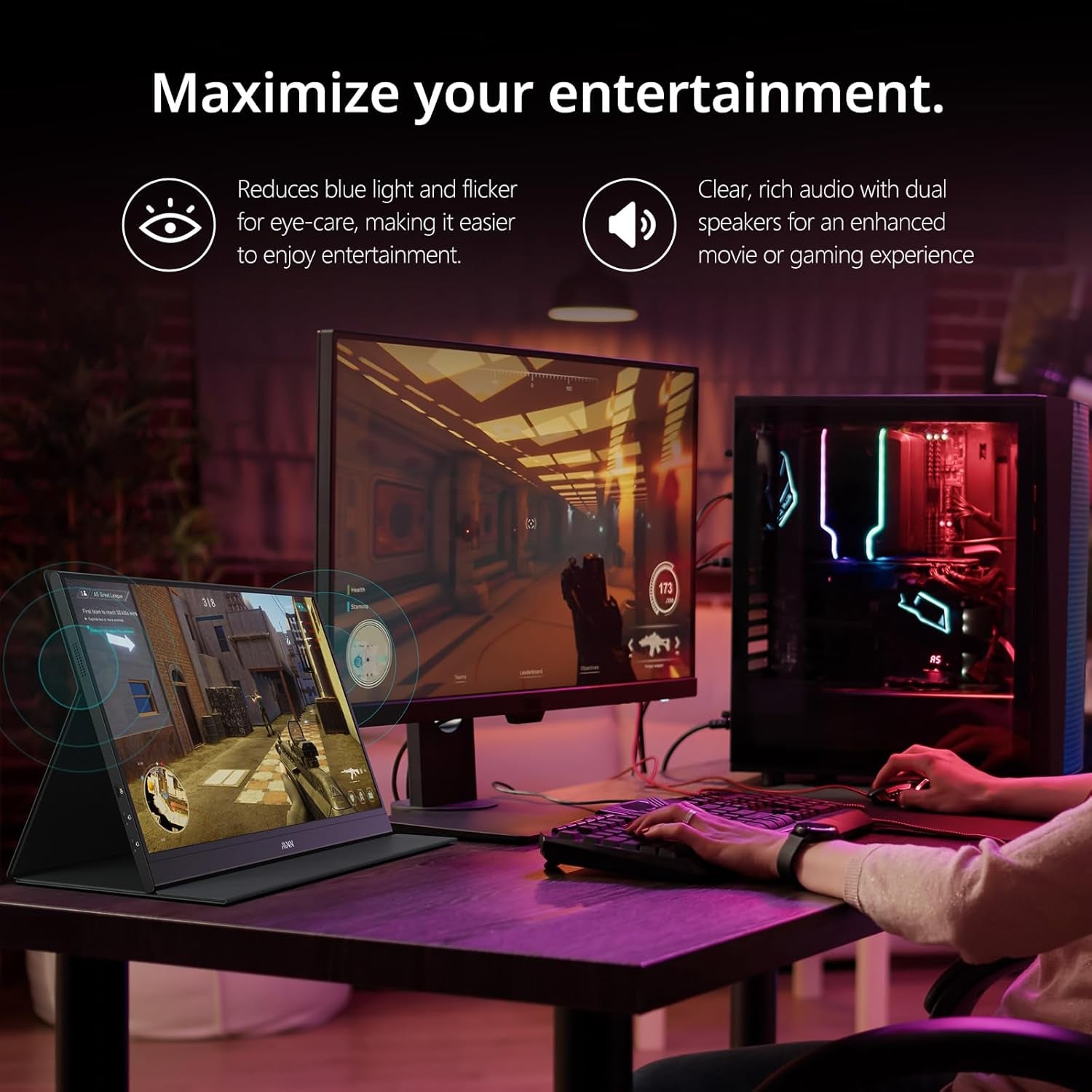 15.6" FHD 1080P Portable Monitor - Ultra-Slim IPS Display with Smart Cover & Speakers, Ideal for Gaming & On-the-Go Use, Plug & Play for Laptop, PC, Phone & Mac